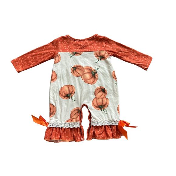 Babies 0-3 Months Long Sleeve Crew Neck Orange and Tan Pumpkin Ruffle Romper - Picture 8 of 14